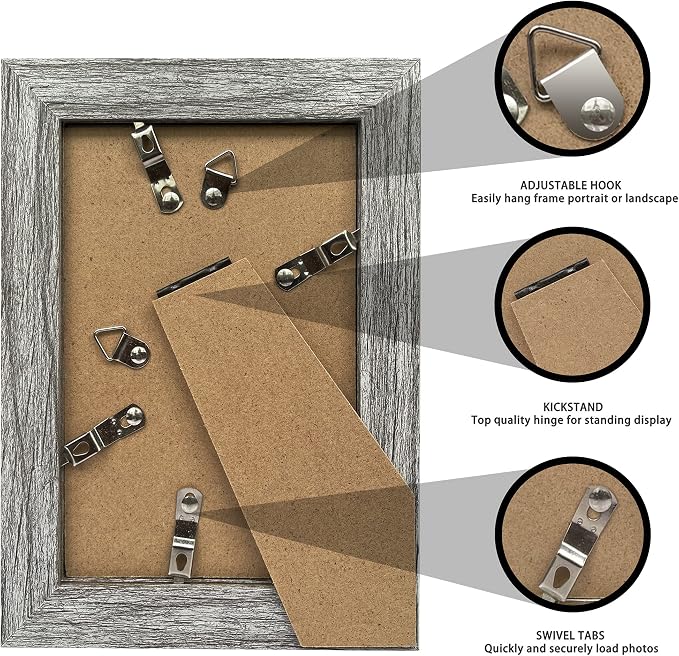 Hongkee 5x7 Picture Frame Set of 4, Made of Real Glass and Grey Wooden Frame, 5 by 7 Photo for Wall or Tabletop - Display Picture 4x6 with Mat or 5x7 Without Mat