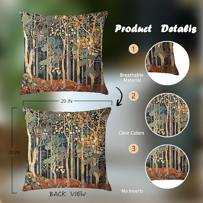 Rustic Autumn Forest Pillow Covers 20x20 Double-Sided, Fall Home Room Decor, Vintage Botanical Nature William Morris Inspired Decorative Throw Pillow Covers for Home Bedroom Living Room