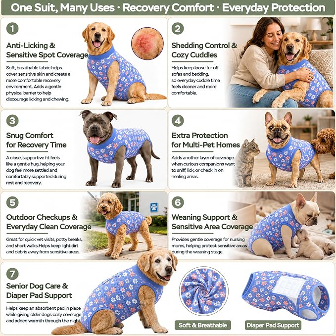 PetWarm Dog Surgical Recovery Suit, Dog Bodysuit for Sensitive Skin Areas, Surgical Suit for Dogs Abdominal Affected Areas Bandages, Substitute E-Collar and Cone, Flower Pattern, Blue, XS