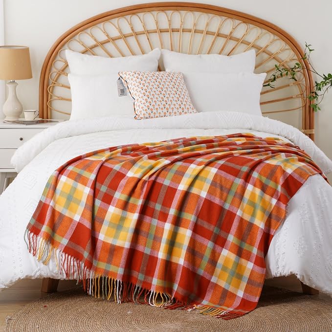 Fall Plaid Throw Blanket for Couch, Orange Plaid Blankt 50"x60", Fall Decor | Burnt Orange Throw Blanket, Soft Decorative Woven Blanket with Tassels, Rustic Farmhouse Style Blanket Throw for Bed Sofa