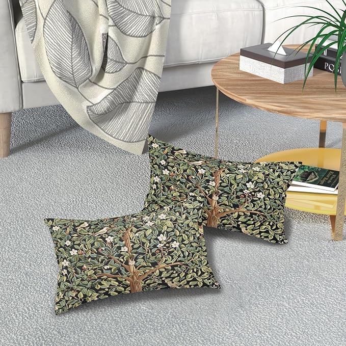 Tree Green Lumbar Pillow Covers 12X20 Inch Set of 2 Watercolor Forest Bird Floral leaves Decorative Pillow Cases Spring Summer Vintage Leaf Flower Cushion Case Farmhouse Home Decor For Sofa Couch