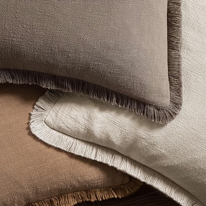 MIULEE Boho Linen Fringe Decorative Fall Throw Pillow Covers Coffee 20x20 | Set of 2, Cottagecore Decor, Boho Farmhouse Neutral Pillow Covers, Rustic Fall Couch Cushion Cases for Sofa Bed Living Room