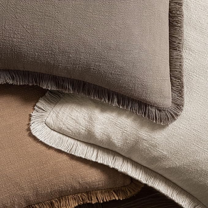 MIULEE Linen Fringe Decorative Fall Euro Throw Pillow Covers Coffee 24x24 | Set of 2, Cottagecore Decor, Boho Farmhouse Neutral Pillow Covers, Rustic Fall Couch Cushion Cases for Sofa Bed Living Room