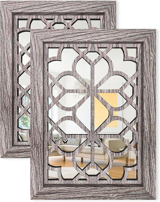 Set of 2 11x15 Inch Rectangular Shatterproof Brown Decorative Wall Mirrors, Boho Farmhouse Rustic Vintage Accent Mirrors for Living Room Bedroom Entryway & Home Decor