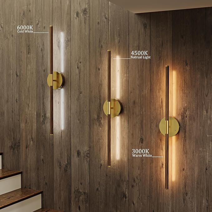 32" Battery Operated Wall Sconce Set of 2, 350° Rotating Lamp, Walnut Gold | Wireless, 8000mAh Rechargeable Battery, Stepless Dimming, 3000K-6000K, Remote & Touch Control, Timer, Living Room, Bedroom