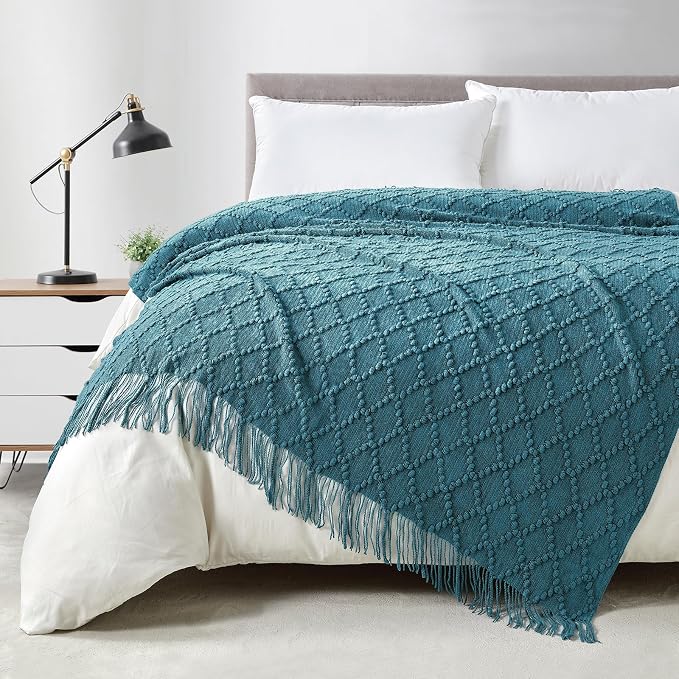 BOURINA Teal Throw Blanket 50 x70 Inch Jacquard Throw Knitted Blanket | Jacquard Argyle Throw Textured Solid Soft Throws and Blankets for Sofa or Bed Knitted Decorative Blanket