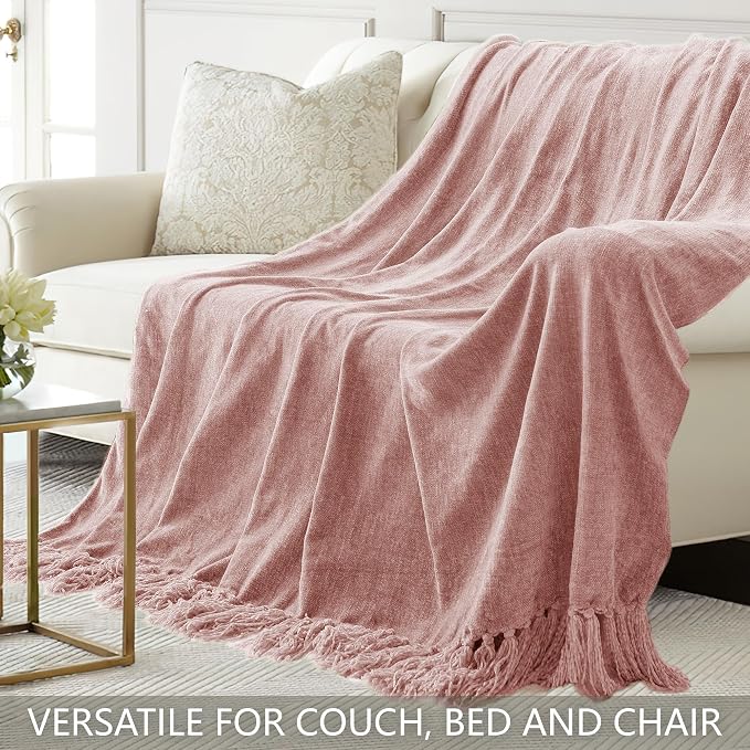 Chenille Throw Blanket for Couch 60" x 80" Twin, Dusty Pink | Soft Cozy Throws with Fringe Tassel, for Living Room Bed Sofa Chair Cover, Lightweight Knitted Boho Blankets Christmas Decor