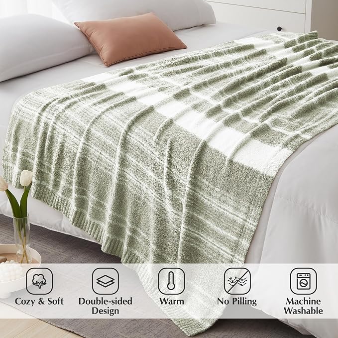 Soft Twin Blanket for Bed-Cozy Warm Reversible Knitted Blankets | Lightweight Fluffy Decor for Women, Mom, Her & Girls, Sofa, Chair, Couch, 60x80in,Sage Green Stripe