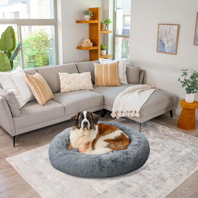 Best Friends by Sheri Original Calming Donut Dog Bed, Gray, XL, 45" | Machine-Washable Cover, Shag Faux Fur, Orthopedic Support, Sense of Security, Water-Resistant Base, XL Dogs Up to 150 lbs