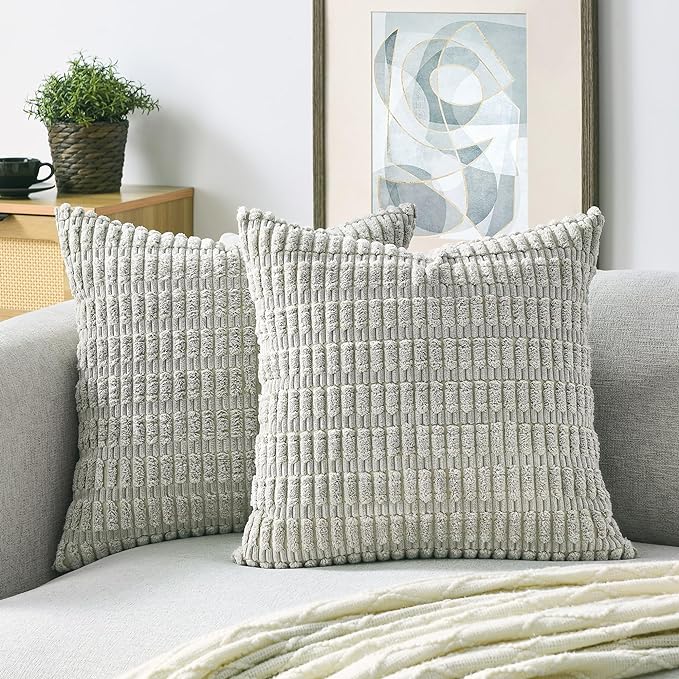 Volcanics Pack of 2 Light Grey Decorative Throw Pillow Covers 18x18 Inch | Soft Corduroy Striped Square Cushion Cases, Modern Farmhouse Boho Home Decor for Couch Bed Sofa Living Room