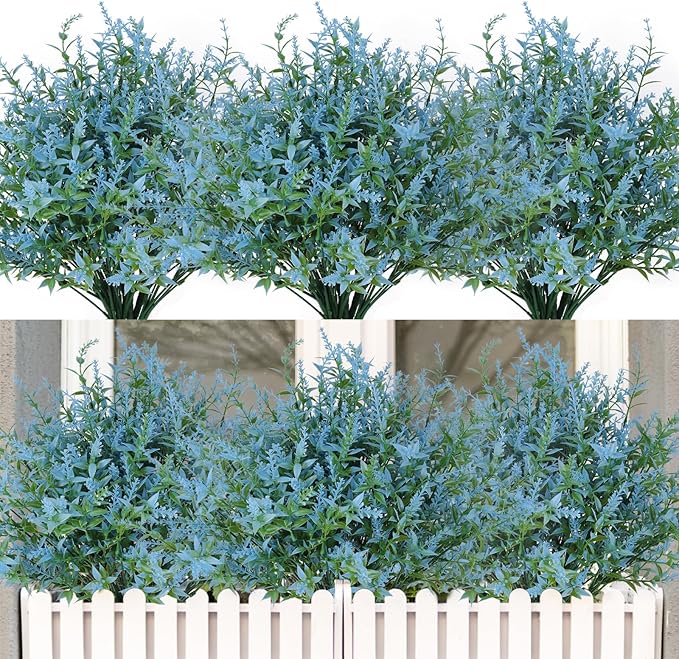 RECUTMS Blue Outdoor Artificial Flowers UV Resistant Fake Outdoor Plants | 20Pcs,Fake Plastic Shrubs,Faux Greenery for Indoor Outside Hanging Plant Garden Porch Window Box Home Wedding Farmhouse Décor