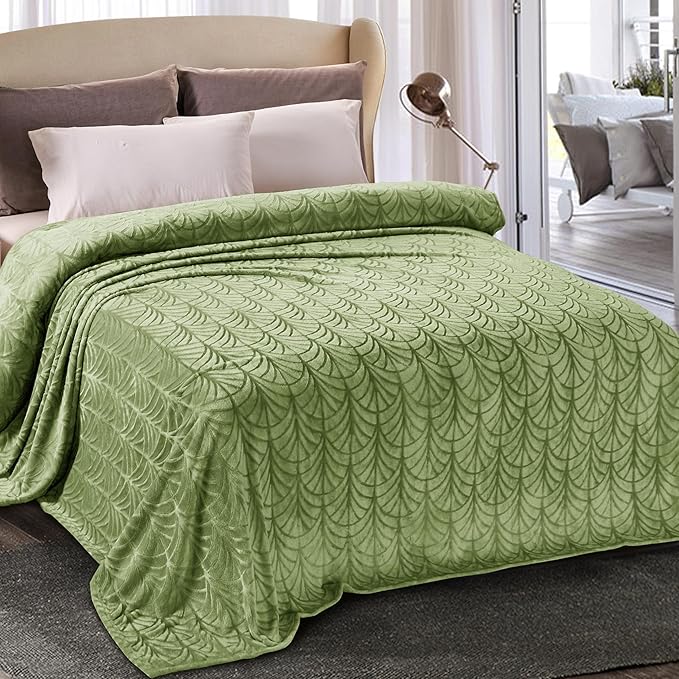 Whale Flotilla Soft Flannel Fleece Bed Blanket Queen Size, Olive Green | Cozy Lightweight Breathable Coverlet, Plush Fluffy Bedspread, Vintage Pattern Decorative Blanket for Bed, All Season, 90"x90"