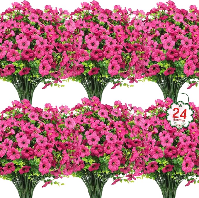 24 Pcs Artificial Flowers for Outdoors Decorations, Rose Red | Lifelike silk flowers, UV resistant, faux plastic plants, for garden porch window table vase home indoor outdoor decor