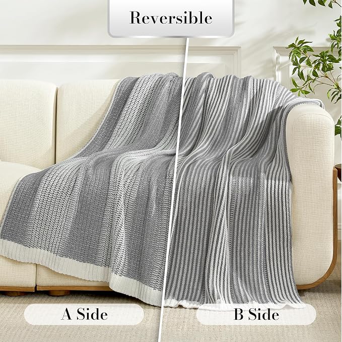 Premium Chenille Throw Blanket, Soft Cozy Luxury Two-Tone Knit Blanket for Couch, Sofa, Chair, Home Decor, Grey & Ivory 50"x60"
