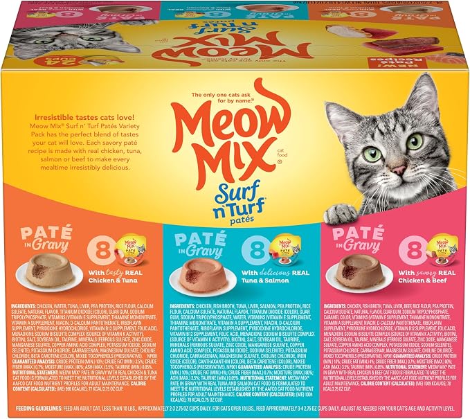 Meow Mix Paté in Gravy Wet Cat Food Variety Pack, Surf n’ Turf Patés 2.75 Ounce (Pack of 48)