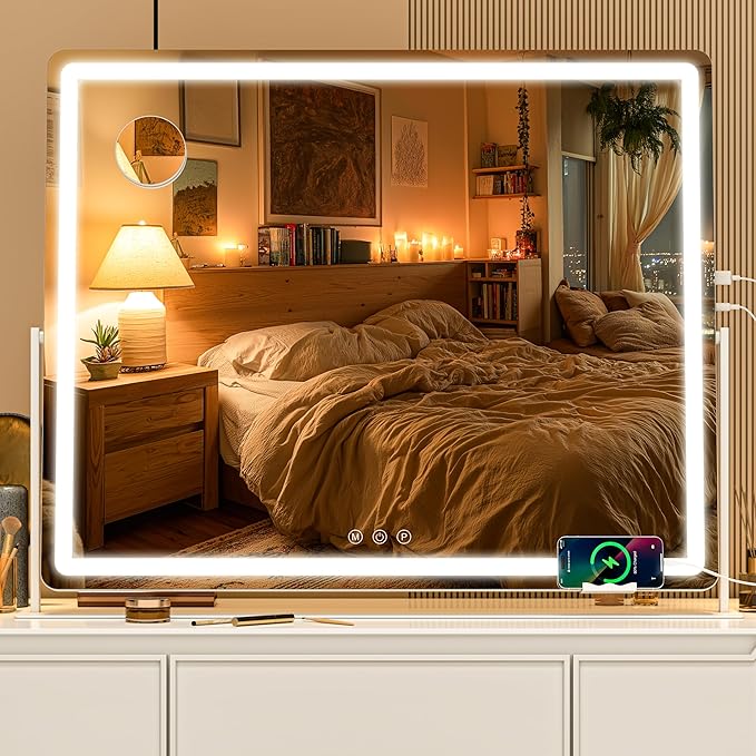 Vanity Mirror with Lights, 29.5'' x 22'' Lighted Makeup Mirror, Touch Screen with 3-Color Lighting, Dimmable for Vanity Desk Tabletop Round White
