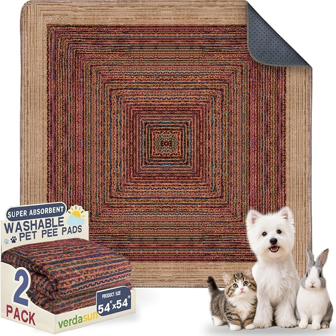 Washable Pee Pads for Dogs, Reusable Puppy Potty Training Pads, Ultra-Absorbent Thick Waterproof Leak-Proof Non-Slip Pads & Mat for Crate, Playpen, Floor, Whelping & Housebreaking , 2 Pack 54"x54"