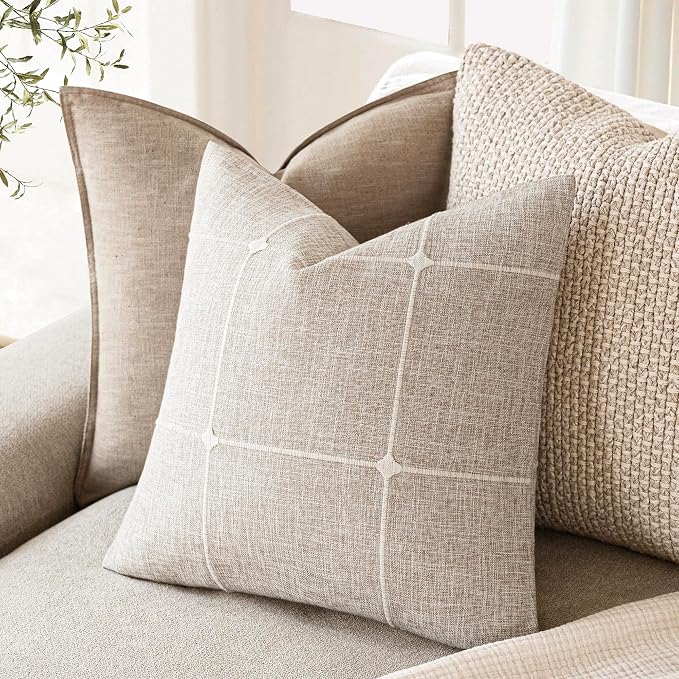 Foindtower Pack of 2 Decorative Faux Linen Jacquard Check Throw Pillow Covers Farmhouse Cushion Cover with Grid Textured Accent Pillowcase for Couch Sofa Bed Living Room Home Decor,18×18 Inch,Beige