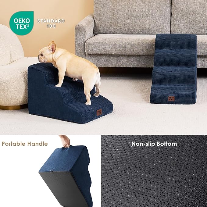 EHEYCIGA Curved Dog Stairs Ramp, 3-Step Dog Steps, 15.7" H Pet Step | 33D density of pure foam, for Small Dogs and Cats, Pet Stairs for High Bed Climbing, Non-Slip Balanced Indoor, Navy