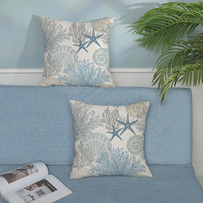 Nautical Coastal Pillow Covers 18x18 Set of 2 Blue Beach Themed Ocean Seashell Coral Starfish Throw Pillows Summer Outdoor Decorative Pillow Cases Linen Cushion Case for Home Bedroom Decor