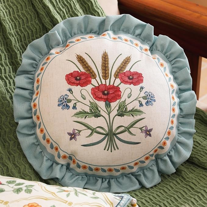 Vintage Linen Throw Pillow Cover,Set of 2,Diameter 16"-Serenity C | Designer Elegant Round Pillow Cover,Concealed Zipper Design,Floral Pattern,Sofa,Bedroom,Living Room,Lounge Chairs