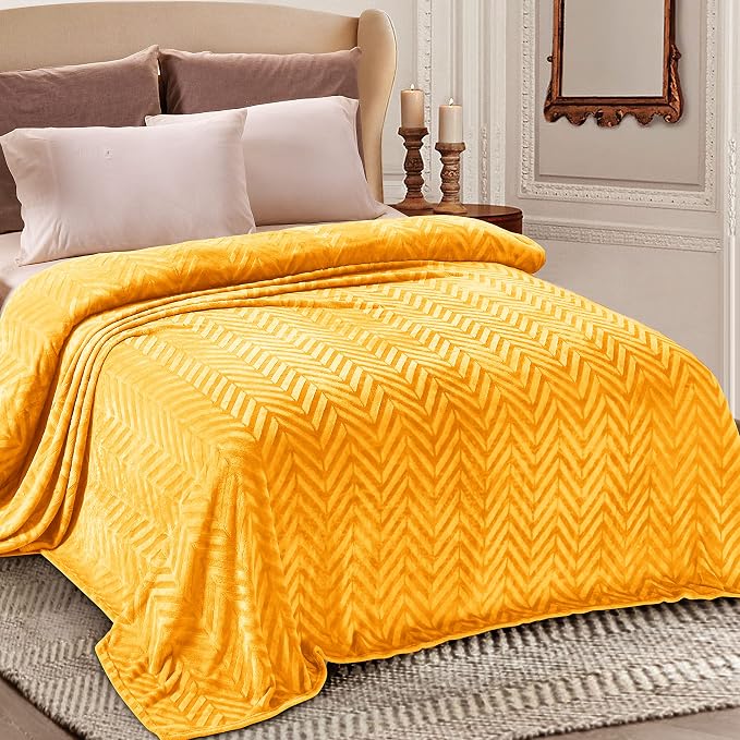 Whale Flotilla Flannel Fleece Fall Bed Blanket Twin XL Size, Lemon Yellow | Lightweight Breathable Soft Bedspread, Plush Fluffy Coverlet Chevron Design Decorative Blanket for Home Life, 90x66 Inch