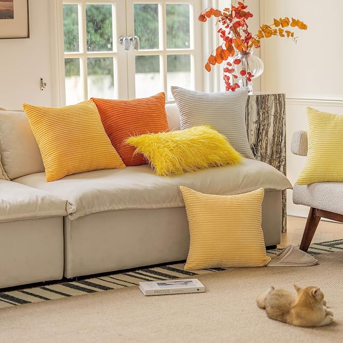 Home Brilliant Mustard Yellow Throw Pillow Cover 18x18 Decorative Plush Corduroy Striped Summer Decor Throw Pillow Cushion Cover for Couch Bed Decor, 18 x 18 (45x45), Sunflower Yellow