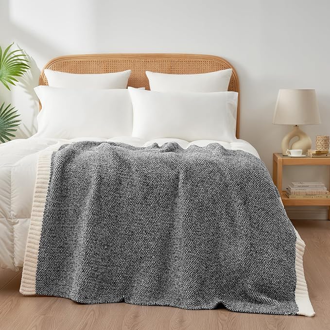 Snuggle Sac Heather Black Throw Blanket for Couch 50x70 inches, Super Soft Warm Blankets Cozy Knit Fuzzy Plush Lightweight Oversized Throws for Sofa, Bed, Camping, Picnic, Black, 50" x 70"