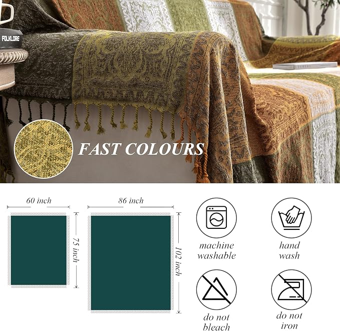 Boho Throw Blanket, Bohemian Tassels Throw Blankets for Bed Couch Soft Chair， Chenille Fringe Tassels (New Green, Large 86 * 102Inches)