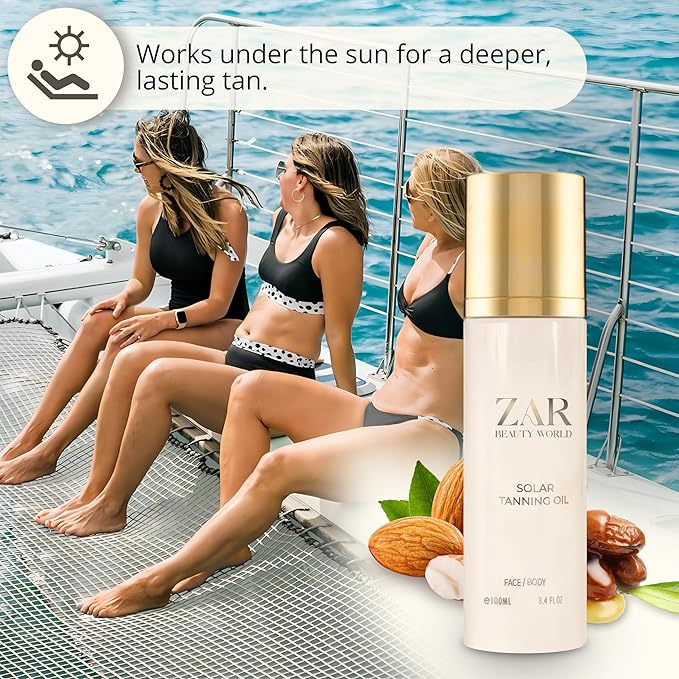 Zar Solar Tanning Oil | Fast Dark Tanning Accelerator for Outdoor Use | Natural, Non-Greasy Formula with Sweet Almond & Jojoba Oils | Nourishes & Protects Skin | Perfect for Face & Body - 100 ml