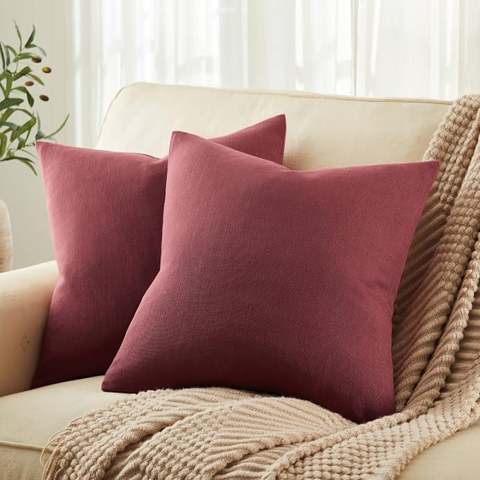 Rustic Linen Throw Pillow Covers Set of 2, Burgundy 18x18in | Textured Pillow Case, Rustic Cotton Linen Fabric, Modern Farmhouse Cushion Covers for Sofa Bed Living Room Home Decor