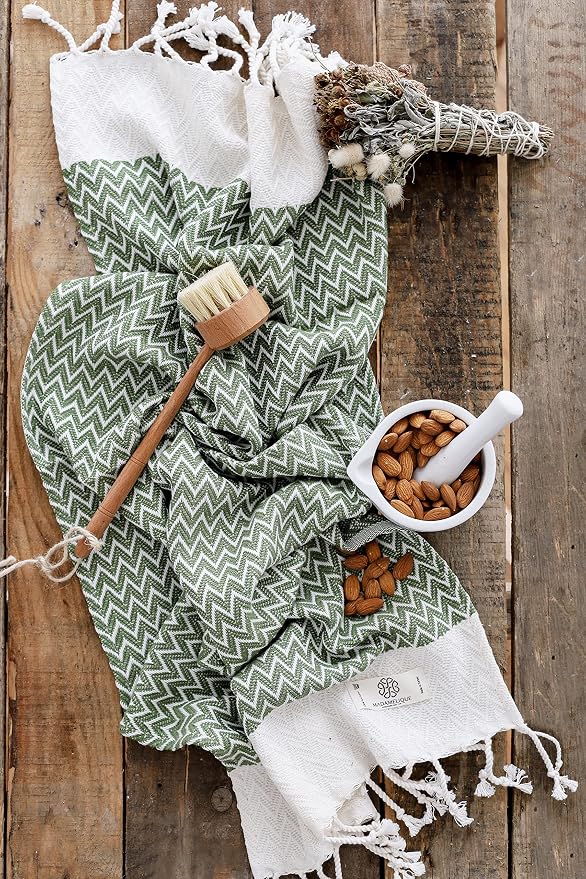 Madamelique Exclusive Hand Towels Set of 2-18 x 40 Inches - Decorative Bathroom Peshtemal Towel for Hand, Face, Hair, Yoga, Tea, Dishcloth, Kitchen and Bath - 100% Pure Cotton (Olive)