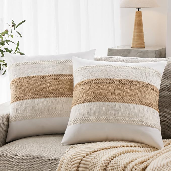 2pk Boho Pillow Covers 24x24, Natural White/Contrast/Brown | 100% Organic Cotton Body, Stripe Embroidery, Farmhouse Decorative Cushion Covers for Sofa Bed Living Room Home Decor