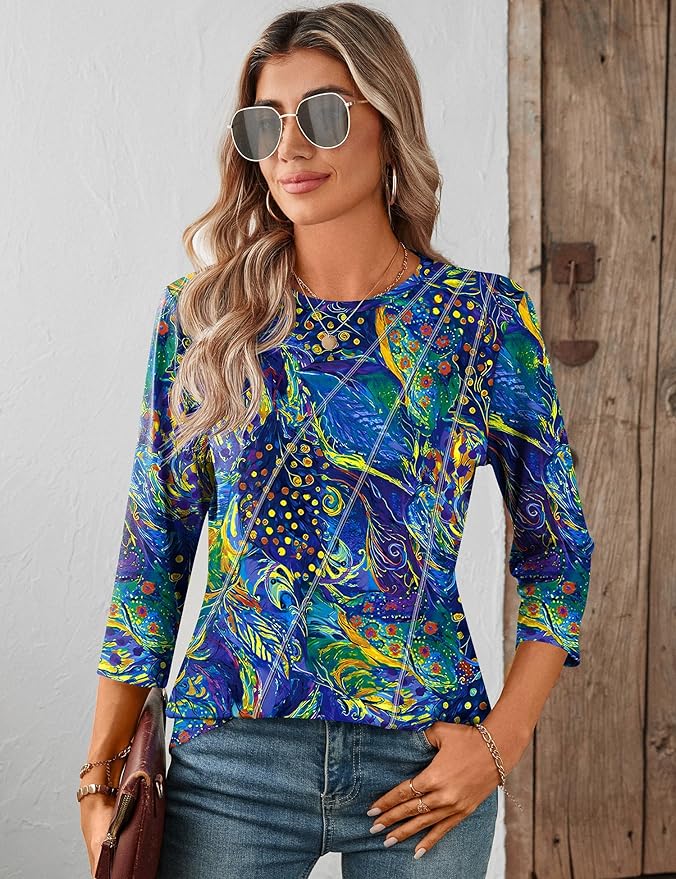 LOMON 3/4 Length Sleeve Womens Tops Spring Summer Fashion 2026 Tops Crew Neck Pleated Shirts Tunic Top Loose Fit