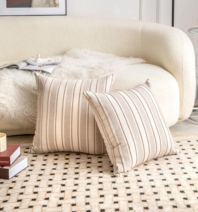 Cethom Decorative Boho Throw Pillow Covers, Farmhouse Textured Pillow Case, 22 x 22 Inch Set of 2, Chair Sofa Bedroom Living Room Home Decor Couch Cushion Case, Taupe and Beige Striped