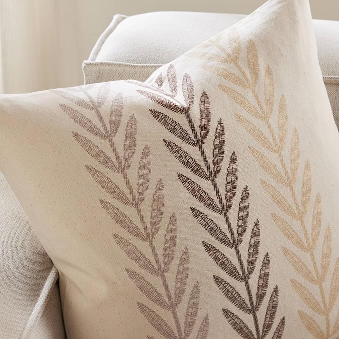 Farmhouse Leaves Throw Pillow Covers Set of 2, 18x18in Mixed Beige | 100% Organic Cotton, Rustic Accent Print Pillow Case, Pastoral Decorative Cushion Covers for Sofa Bed Living Room Home Decor
