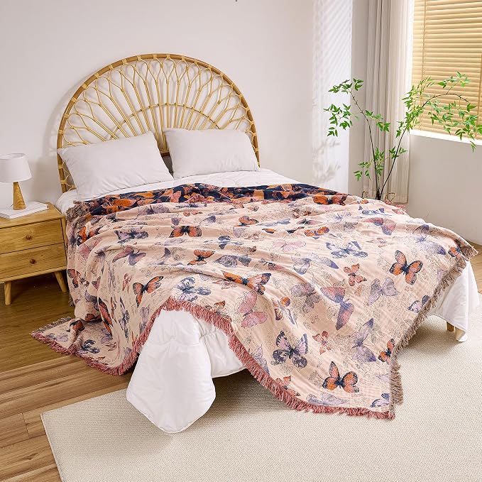 VANJOROY Boho Throw Blanket King, 100% Organic Cotton Breathable Ultra Soft 91" x 98" Bed Quilt Throw - All Season Floral Rustic Farmhouse Decor Luxury Reversible Blanket for Sofa Couch Chair and Gift