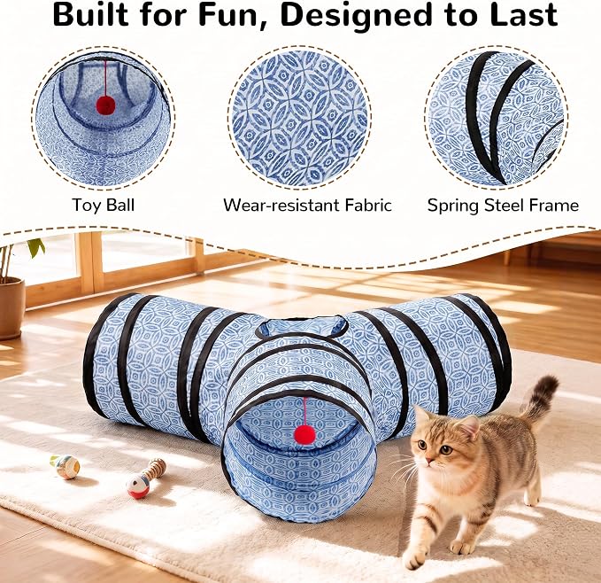 Tempcore 3 Way Collapsible Cat Tunnel for Indoor Cats, Pet Tunnel Bored Toys with Peek Hole & Ball for Puppy, Kitty, Kitten, Rabbit