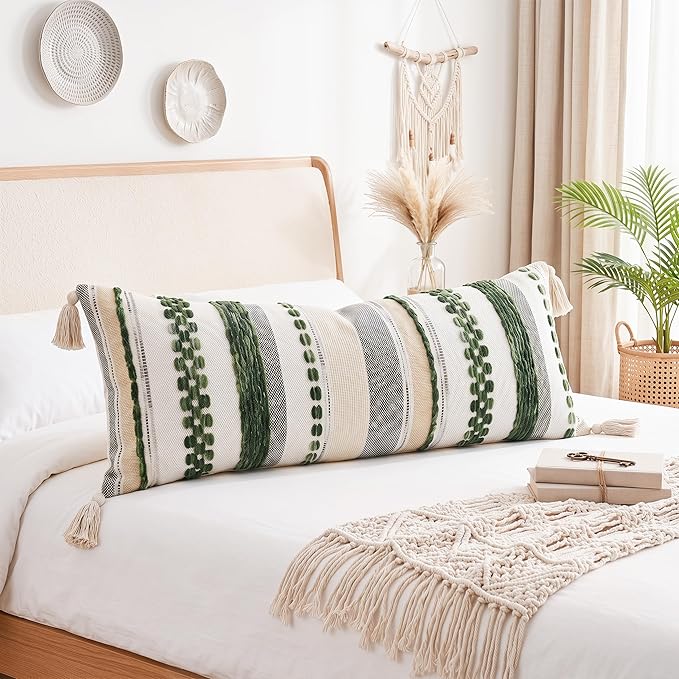 PANOD Boho Long Lumbar Throw Pillow Cover 16 x 36 Dark Green, Chenille Morocan Extra Long Pillow Case Cover, Decorative Long Pillow for Bed Couch Sofa Farmhouse