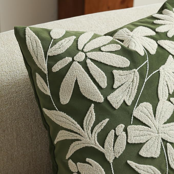 Decorative Throw Pillow Cover 20x20 Inch, Olive Green Floral Tufted Velvet Accent Pillow Case for Sofa Bed Living Room, Cover Only