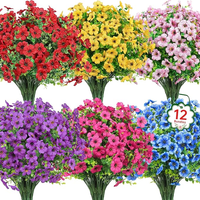 12 Pcs Artificial Flowers for Outdoors Decorations, Multicolor | Colorful lifelike flowers, UV resistant, faux plastic plants, for garden porch window table vase home indoor outdoor decor