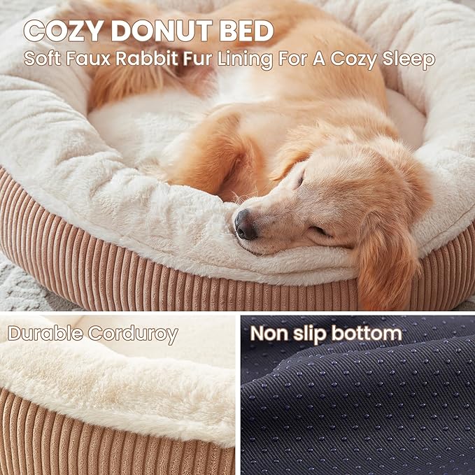36 inches Calming Donut Dog Bed for Large Dogs,Brown | Round Pet Bed with Removable&Washable Cover,Plush Faux Fur & Corduroy, Fits Pets up to 80 lbs