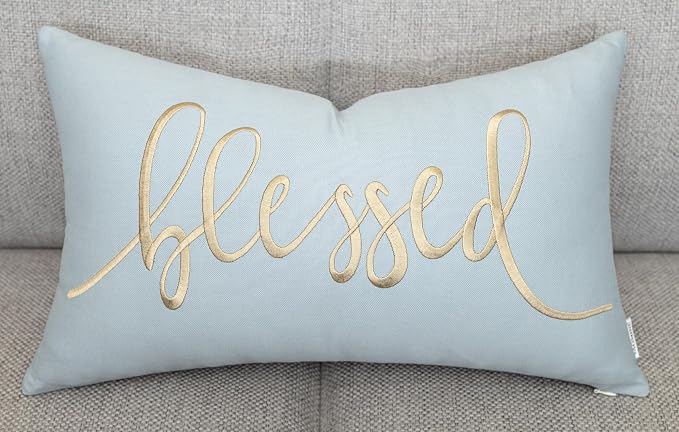 EURASIA DECOR Blessed Embroidered Lumbar Pillow Cover 12x20, Robins Egg | Raised tan script on robins egg; scripture faith gift, cotton, hidden zip, solid back, cover only