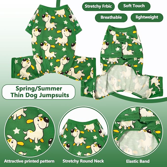 Dog Pajamas Summer Cute Print Puppy Jumpsuit Thin Dog Onesie Small Dog Clothes with Comfy & Elastic Frbic Puppy Pjs(Green Puppy, X-Small)