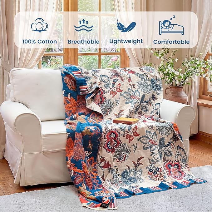 MSGKV Boho Throw Blanket 90"x108" Summer Cotton Floral Blanket for King | Muslin Throw, Floral Pattern, Reversible Woven, Lightweight Comfort, King Size Blanket, Farmhouse Decor, Machine Washable