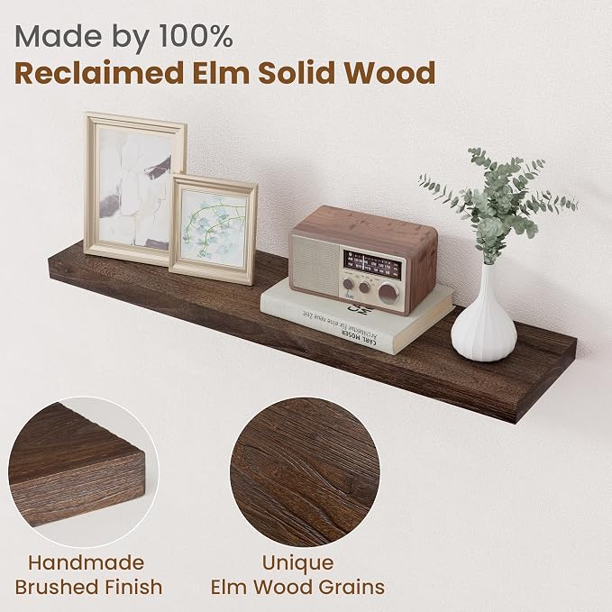 Floating Shelves for Wall Decor, 8 Inch Deep Rustic Solid Elm Wood Floating Shelves Wall Mounted, Wall Shelves with Invisible Bracket for Living Room Bathroom Bedroom Kitchen, 32 Inch Set of 2, Walnut