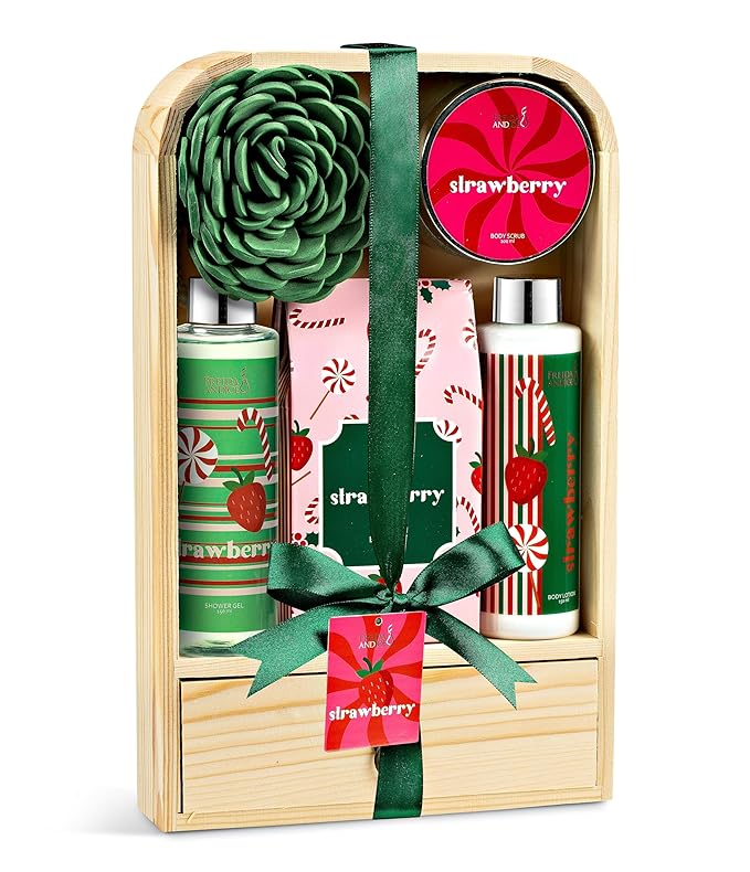 Elegant Modern Bath and Body Gift Set Home Spa Set with Shower Gel, Body Lotion, Bath Salt, Body Scrub & Pouf in Wooden Curio (Delicate Strawberry) – Mother's Day Gift for Mom