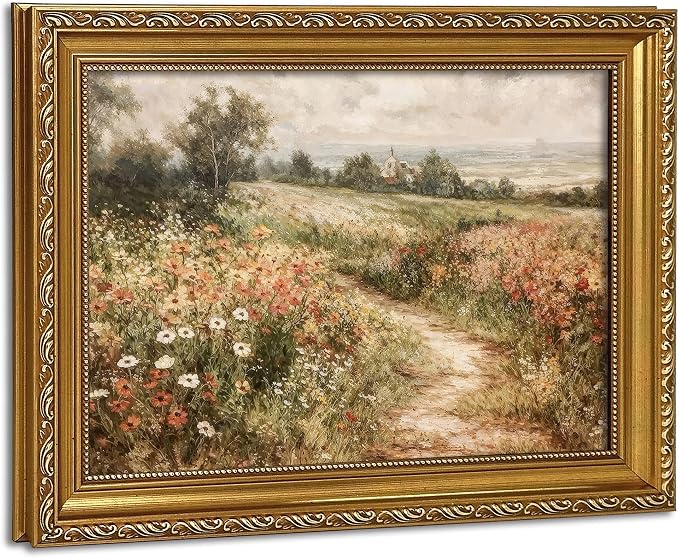 Vintage Gold Framed Wall Art Landscape Nature Wildflower Canvas 9x11in | Country Wildflower, Living Room, Bedroom Decor, Gifts for Friends or Family
