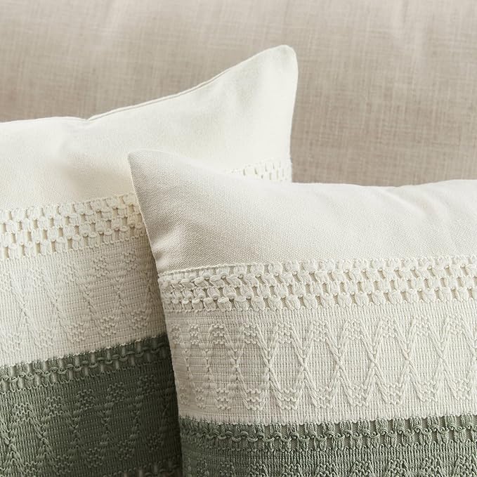 2 Pack Boho Throw Pillow Covers, Contrast Green 20x20in | Soft Breathable Cotton, Farmhouse Decorative Couch Pillow Cases, Cushion Covers for Sofa Bed Living Room Home Decor