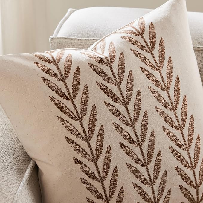 Farmhouse Leaves Throw Pillow Covers Set of 2, 18x18in Caramel | 100% Organic Cotton, Rustic Accent Print Pillow Case, Pastoral Decorative Cushion Covers for Sofa Bed Living Room Home Decor